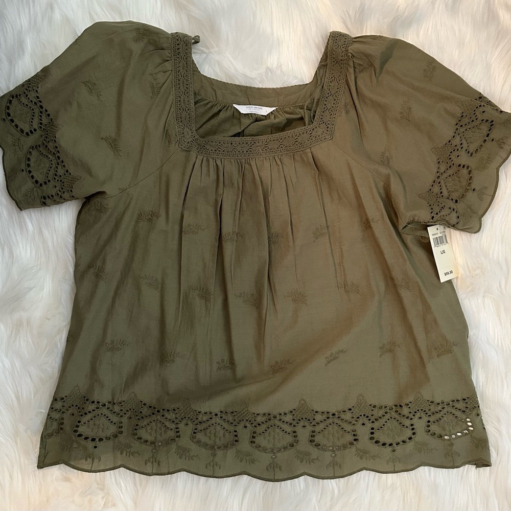 NWT - Lucky Brand Olive Green Embroidered Women's Top